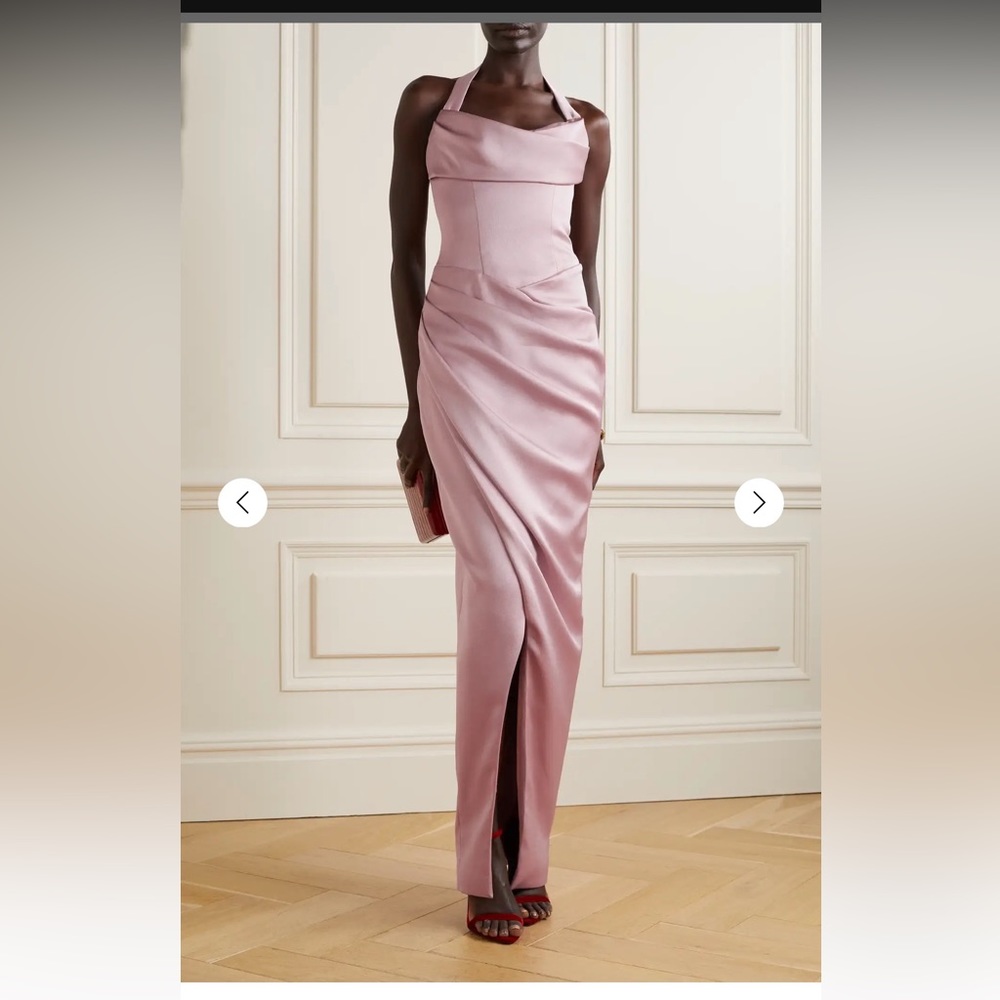 Draped corset satin halterneck gown, Blush color, size FR40 (US 8)